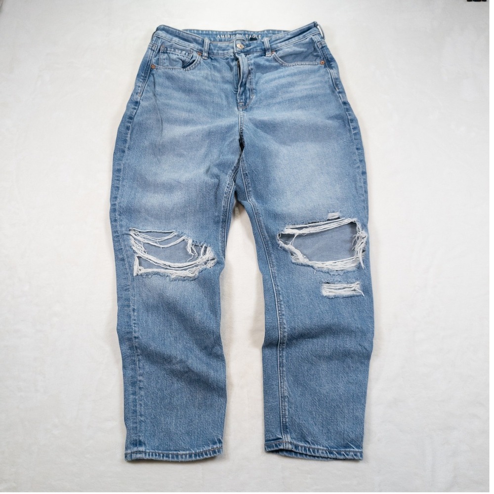 American Eagle Mom Jeans Women 10 Short Blue Distressed High Rise Denim Thrashed